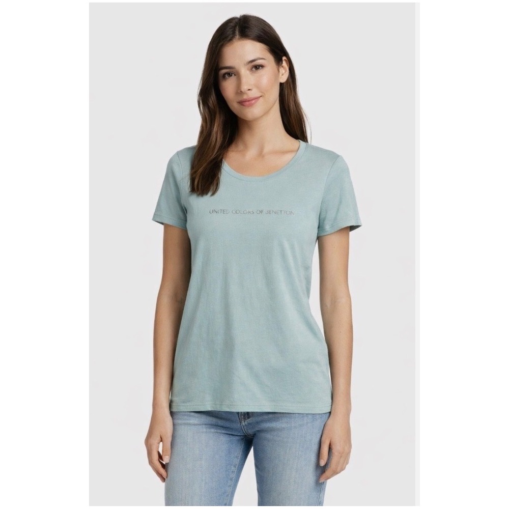 United Colors of Benetton Teal Blue Glitter Logo Short Sleeve T-Shirt S 72-42